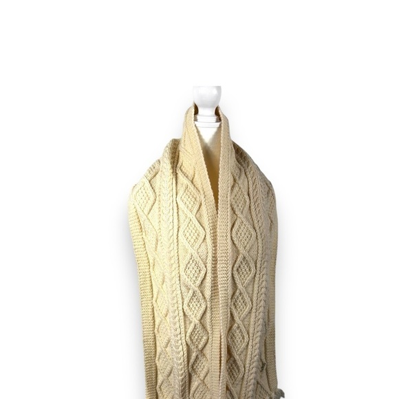 Hand Woven 100% Irish Wool Cable Knit Fringe Scarf, Cream, 9 in x 63 in. - Picture 7 of 11